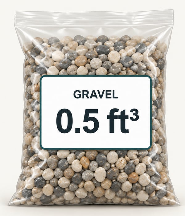 Example gravel bag labeled 0.5 ft³. The label states volume.