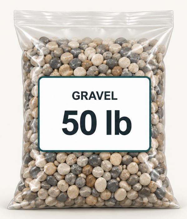 Example gravel bag labeled 50 lb. The label states weight, so a volume estimate needs density.